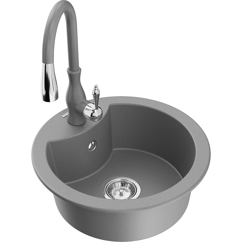 Mexen Diego fregadero de granito de 1 compartimento con grifo de cocina Savita, gris - 6512-71-672601-71