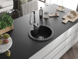 Mexen Diego granite sink 1-bowl with Savita kitchen tap, black/silver metallic - 6512-73-672601-00