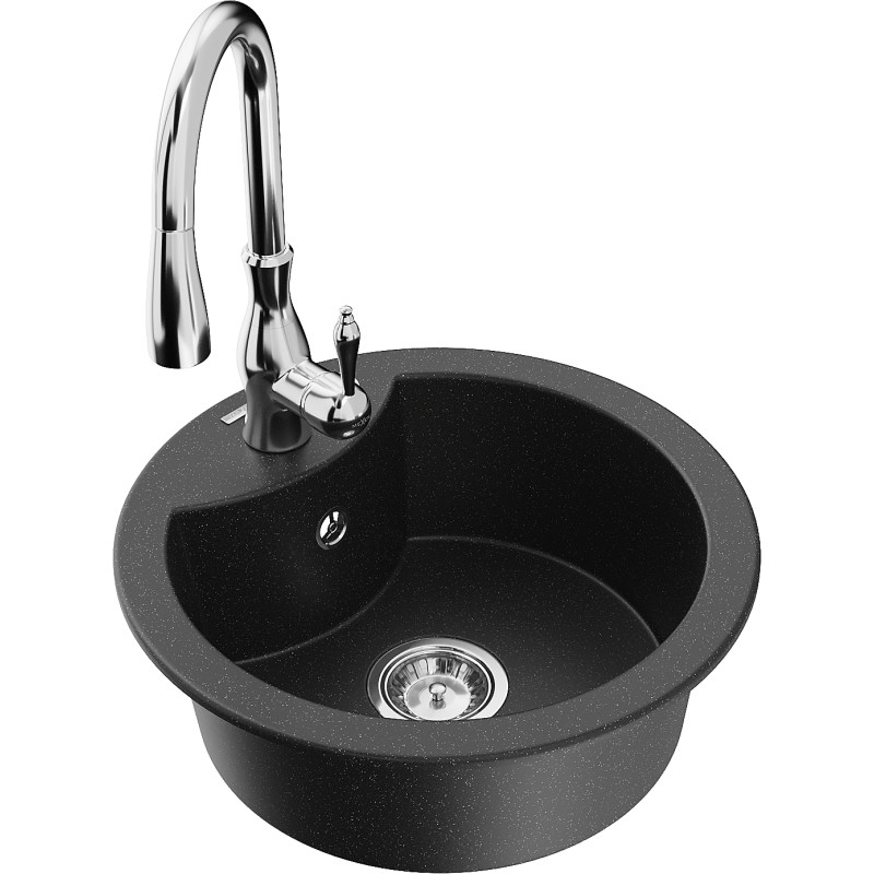 Mexen Diego Einzelbecken Granitspüle mit Küchenarmatur Savita, schwarz/silber metallic - 6512-73-672601-00