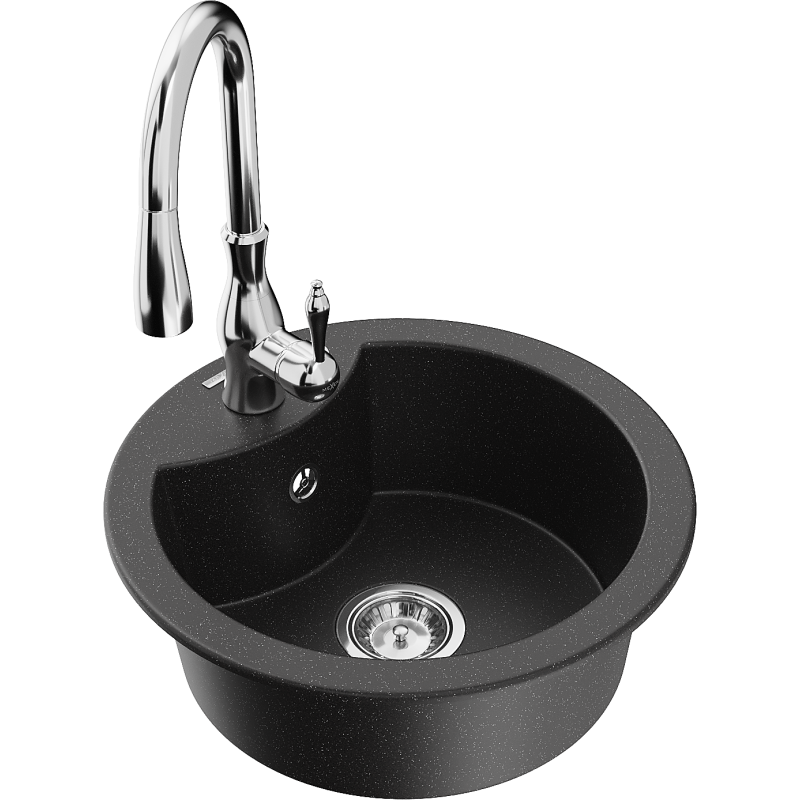 Mexen Diego fregadero de cocina de granito de 1 cubeta con grifo de cocina Savita, negro/metálico plateado - 6512-73-672601-00