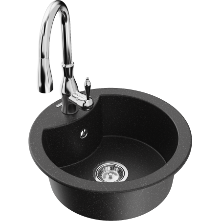 Mexen Diego granite sink 1-bowl with Savita kitchen tap, black/silver metallic - 6512-73-672601-00