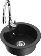Mexen Diego granite sink 1-bowl with Savita kitchen tap, black/silver metallic - 6512-73-672601-00