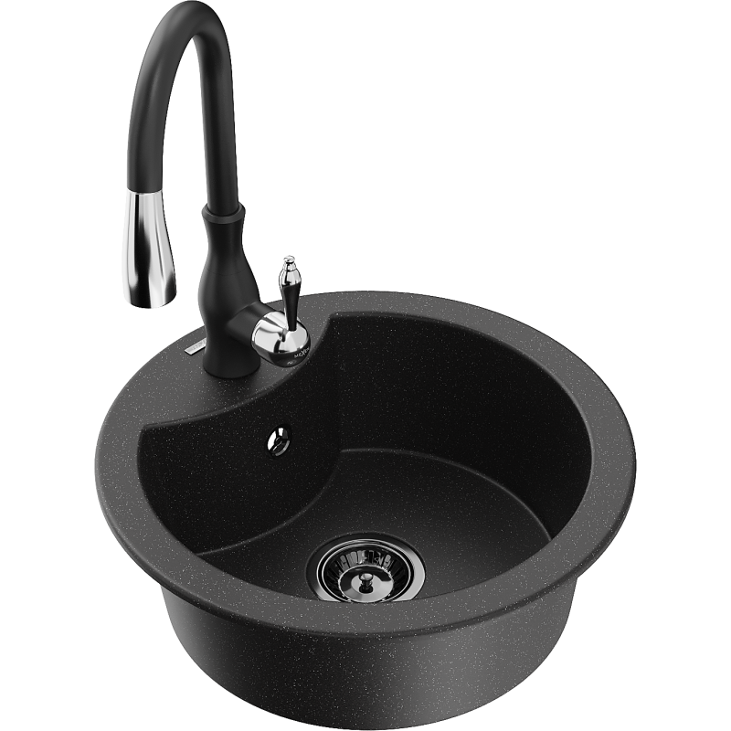 Mexen Diego fregadero de granito de 1 cubeta con grifo de cocina Savita, negro/metálico plata - 6512-73-672601-70-B