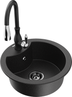 Mexen Diego granite sink 1-bowl with Savita kitchen tap, black/silver metallic - 6512-73-672601-70-B
