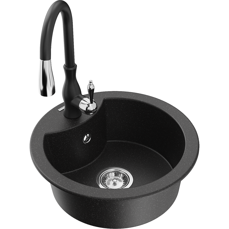 Mexen Diego fregadero de cocina de granito 1 cubeta con grifo de cocina Savita, negro/plateado metálico - 6512-73-672601-70