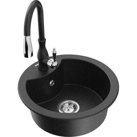 Mexen Diego fregadero de granito de 1 compartimento con grifo de cocina Savita, negro/metálico plateado - 6512-73-672601-70