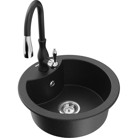 Mexen Diego granite sink 1-bowl with Savita kitchen faucet, black/silver metallic - 6512-73-672601-70