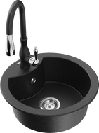 Mexen Diego 1-bowl granite sink with Savita kitchen tap, black/silver metallic - 6512-73-672601-70