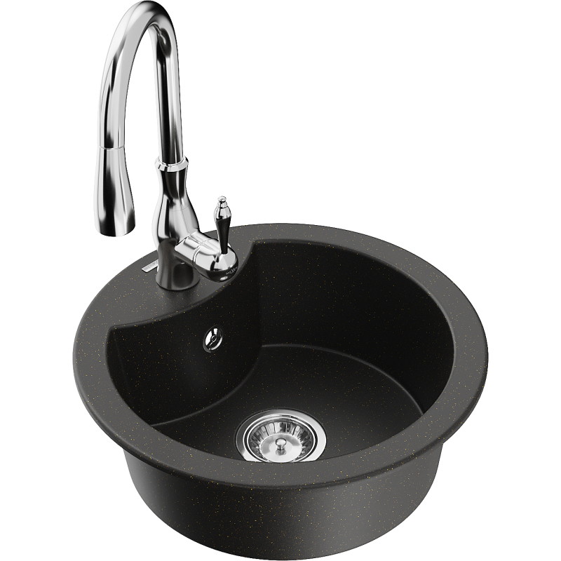 Mexen Diego fregadero de granito de 1 cubeta con grifo de cocina Savita, negro/dorado metálico - 6512-75-672601-00