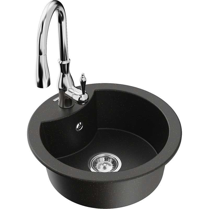 Mexen Diego fregadero de granito de 1 cubeta con grifo de cocina Savita, negro/oro metálico - 6512-75-672601-00