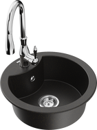 Mexen Diego granite sink single-bowl with Savita kitchen faucet, black/gold metallic - 6512-75-672601-00