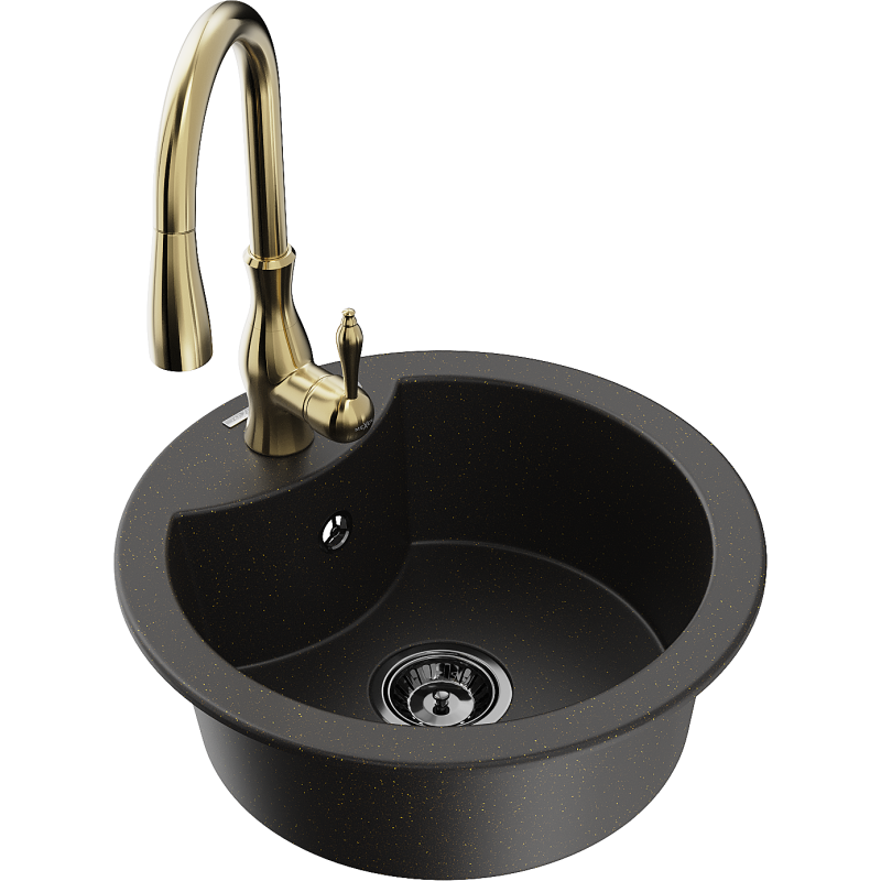 Mexen Diego fregadero de granito de 1 compartimento con grifo de cocina Savita, negro/dorado metálico - 6512-75-672601-50-B