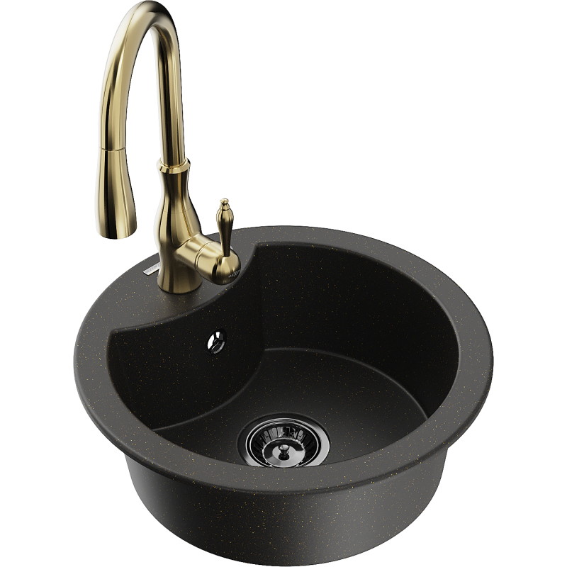 Mexen Diego fregadero de granito de 1 cubeta con grifo de cocina Savita, negro/dorado metálico - 6512-75-672601-50-B