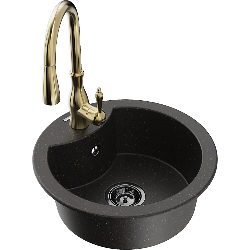 Mexen Diego graniitti yksialtainen pesuallas keittiöhanalla Savita, musta/kultametalli - 6512-75-672601-50-B