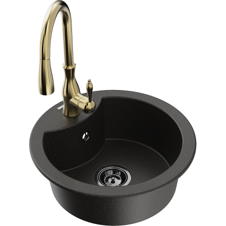 Mexen Diego 1-Bowl Granite Sink with Kitchen Faucet Savita, Black/Gold Metallic - 6512-75-672601-50-B