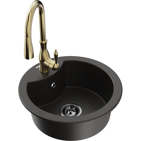 Mexen Diego granitische 1-kompartiment gootsteen met keukenmengkraan Savita, zwart/goud metallic - 6512-75-672601-50-B