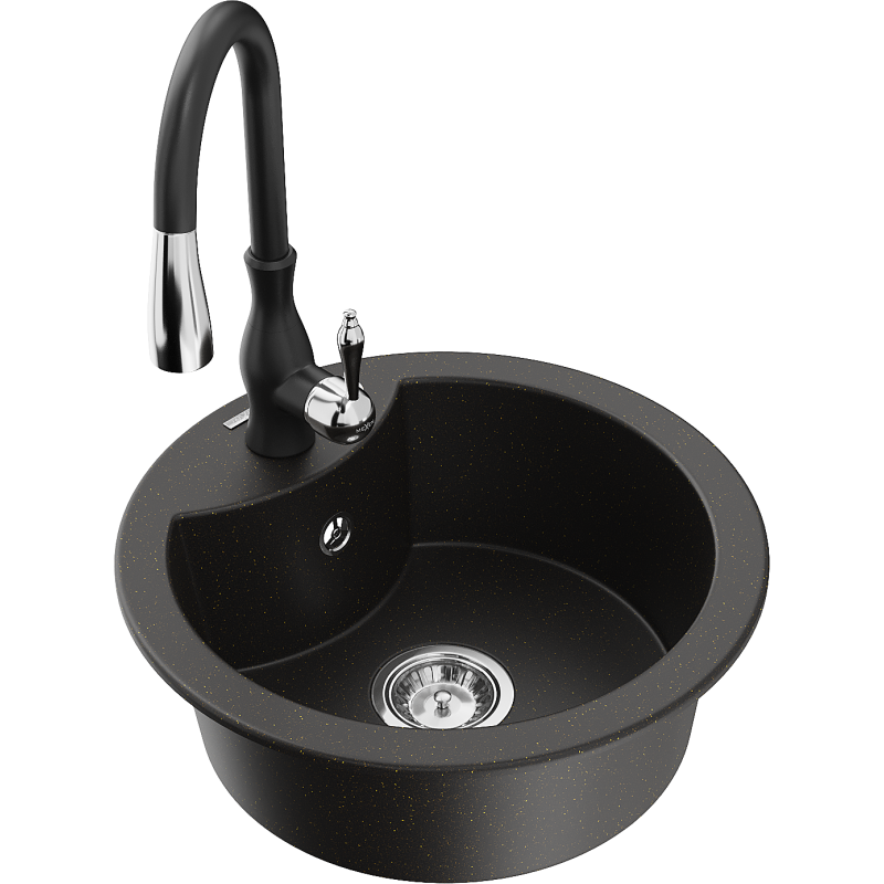 Mexen Diego fregadero de granito de 1 cubeta con grifo de cocina Savita, negro/dorado metálico - 6512-75-672601-70