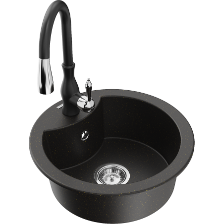 Mexen Diego 1-bowl granite sink with Savita kitchen faucet, black/gold metallic - 6512-75-672601-70