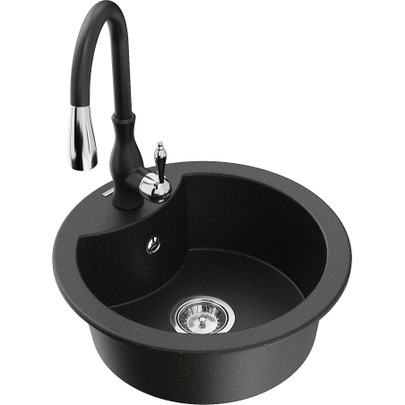 Mexen Diego fregadero de granito de 1 compartimento con grifo de cocina Savita, negro/dorado metálico - 6512-75-672601-70