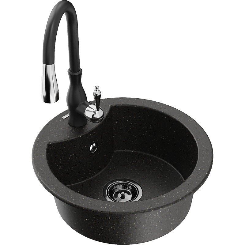 Mexen Diego granit gootsteen 1-komor met keukenmengkraan Savita, zwart/goud metallic - 6512-75-672601-70-B