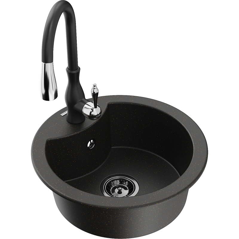 Mexen Diego lava-loiça de granito de uma bacia com torneira de cozinha Savita, preto/dourado metálico - 6512-75-672601-70-B