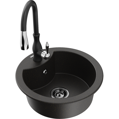 Mexen Diego lava-loiça de granito de uma bacia com torneira de cozinha Savita, preto/dourado metálico - 6512-75-672601-70-B