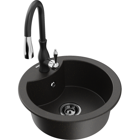 Mexen Diego single-bowl granite sink with Savita kitchen faucet, black/golden metallic - 6512-75-672601-70-B