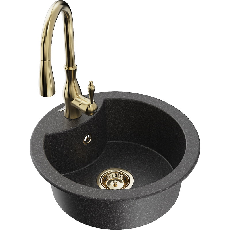Mexen Diego granieten gootsteen 1-kommer met keukenmengkraan Savita, zwart gespikkeld - 6512-76-672601-50