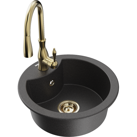 Mexen Diego granite sink 1-bowl with Savita kitchen tap, black speckled - 6512-76-672601-50