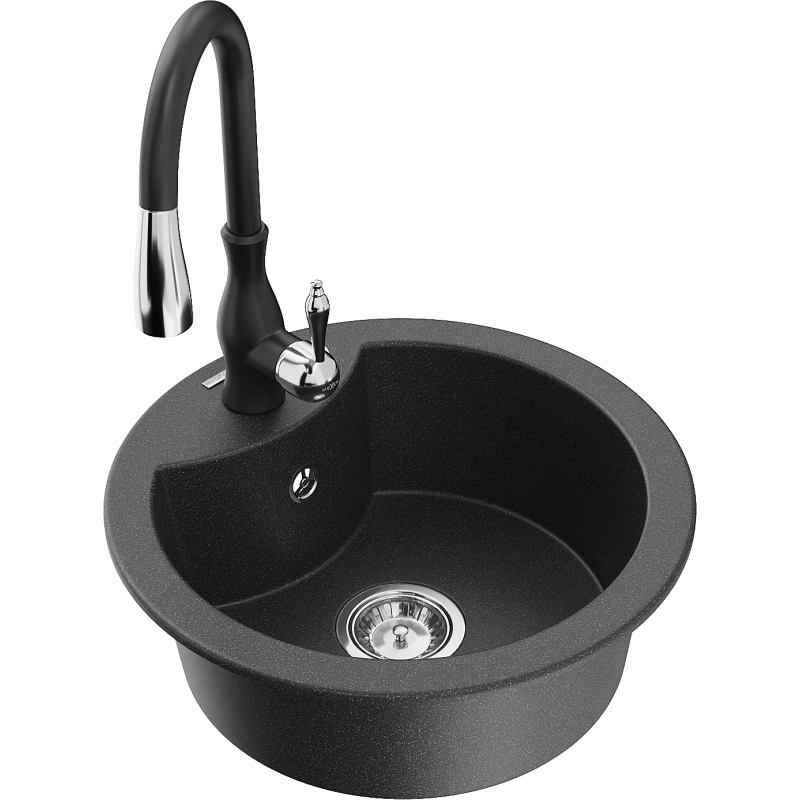 Mexen Diego granite sink 1-bowl with Savita kitchen tap, speckled black - 6512-76-672601-70