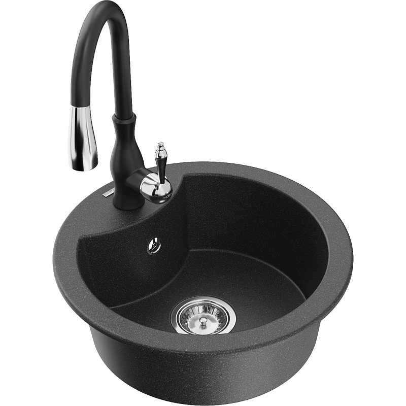 Mexen Diego lava-loiça em granito de 1 bacia com torneira de cozinha Savita, preto salpicado - 6512-76-672601-70