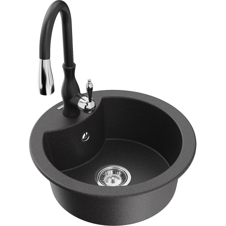 Mexen Diego granite sink 1-bowl with Savita kitchen tap, speckled black - 6512-76-672601-70