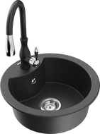 Mexen Diego granite sink 1-bowl with Savita kitchen tap, speckled black - 6512-76-672601-70
