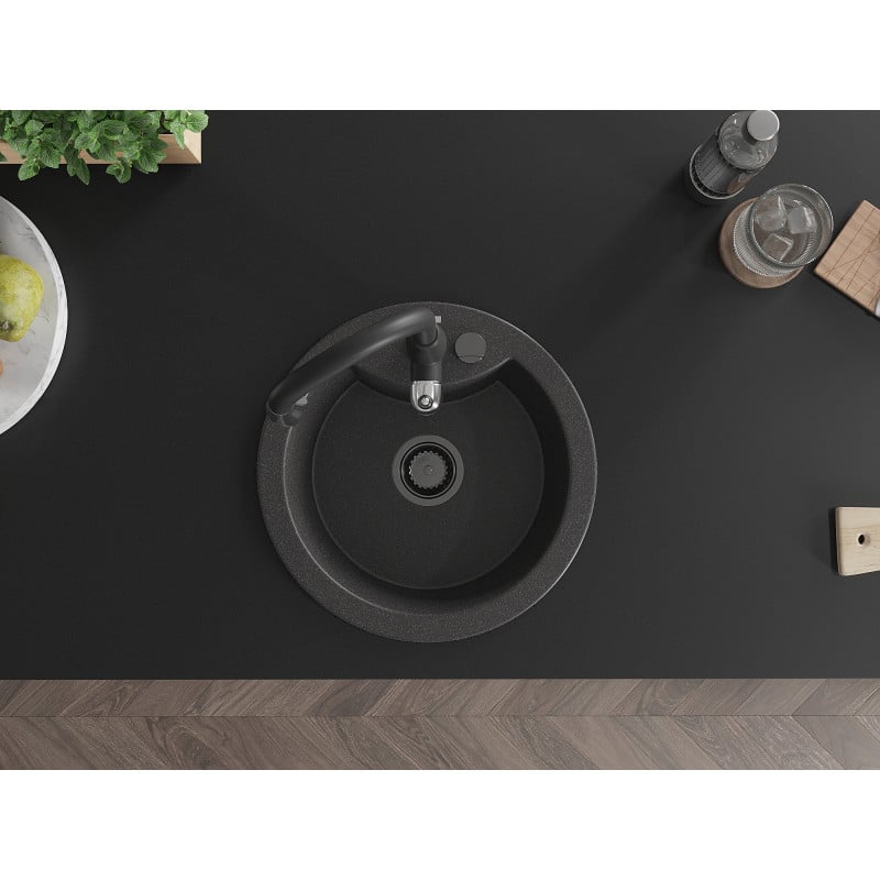 Mexen Diego Granitspüle 1-beckig mit Küchenarmatur Savita, schwarz gesprenkelt - 6512-76-672601-70-B