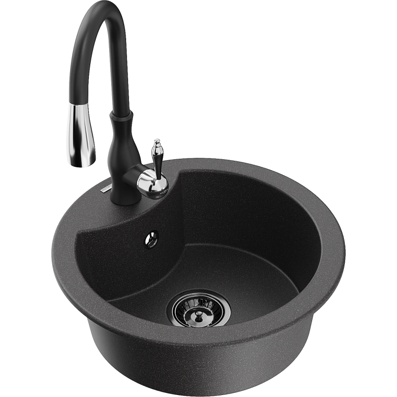 Mexen Diego 1-bowl granite sink with Savita kitchen tap, speckled black - 6512-76-672601-70-B