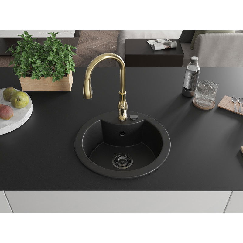 Mexen Diego 1-bowl Granite Sink with Savita Kitchen Mixer Tap, Black - 6512-77-672601-50-B