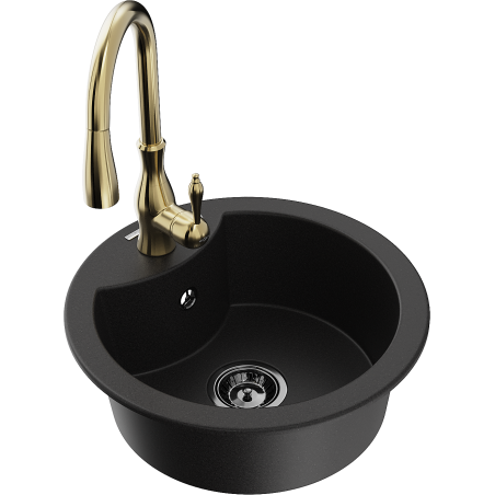 Mexen Diego 1-Bowl Granite Sink with Savita Kitchen Faucet, Black - 6512-77-672601-50-B