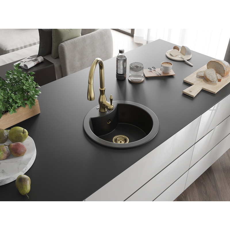Mexen Diego fregadero de granito de 1 compartimento con grifo de cocina Savita, negro - 6512-77-672601-50