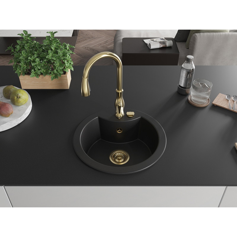 Mexen Diego fregadero de granito de 1 compartimento con grifo de cocina Savita, negro - 6512-77-672601-50