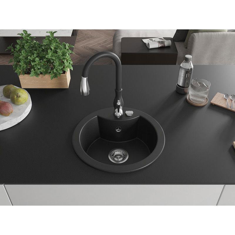 Mexen Diego 1-bowl granite kitchen sink with Savita tap, black - 6512-77-672601-70