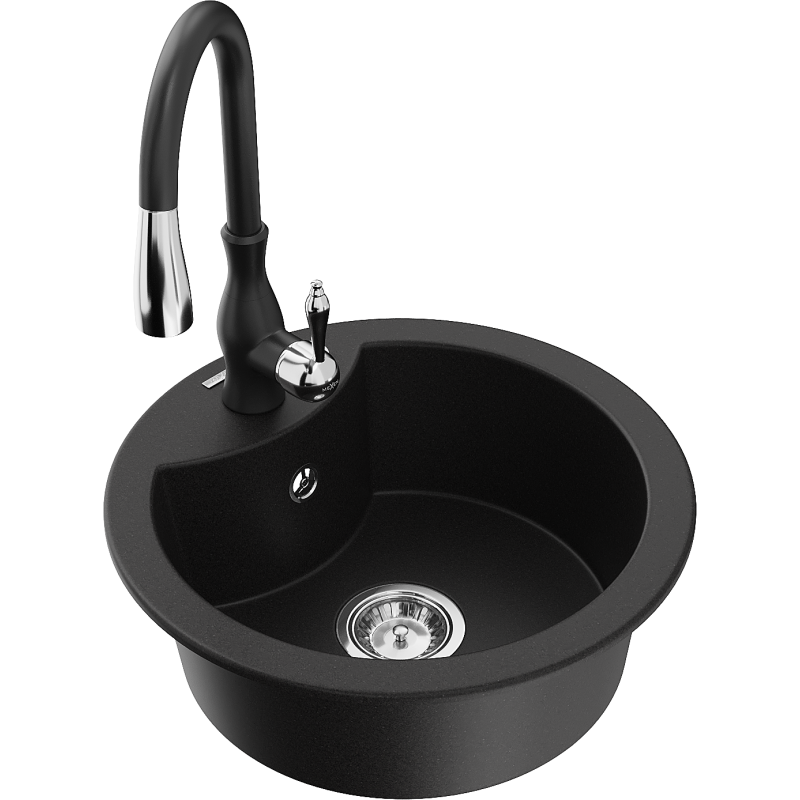 Mexen Diego 1-bowl granite kitchen sink with Savita tap, black - 6512-77-672601-70
