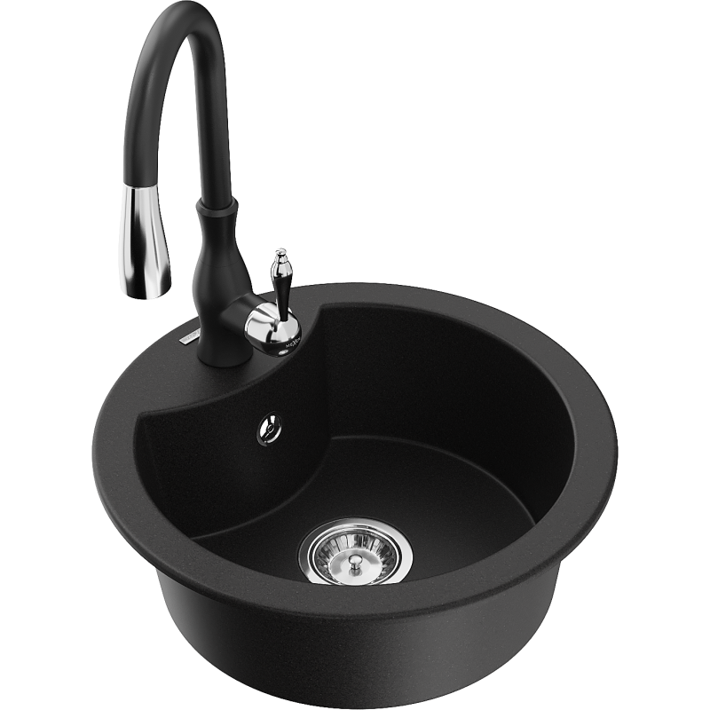 Mexen Diego fregadero de granito de 1 compartimento con grifo de cocina Savita, negro - 6512-77-672601-70