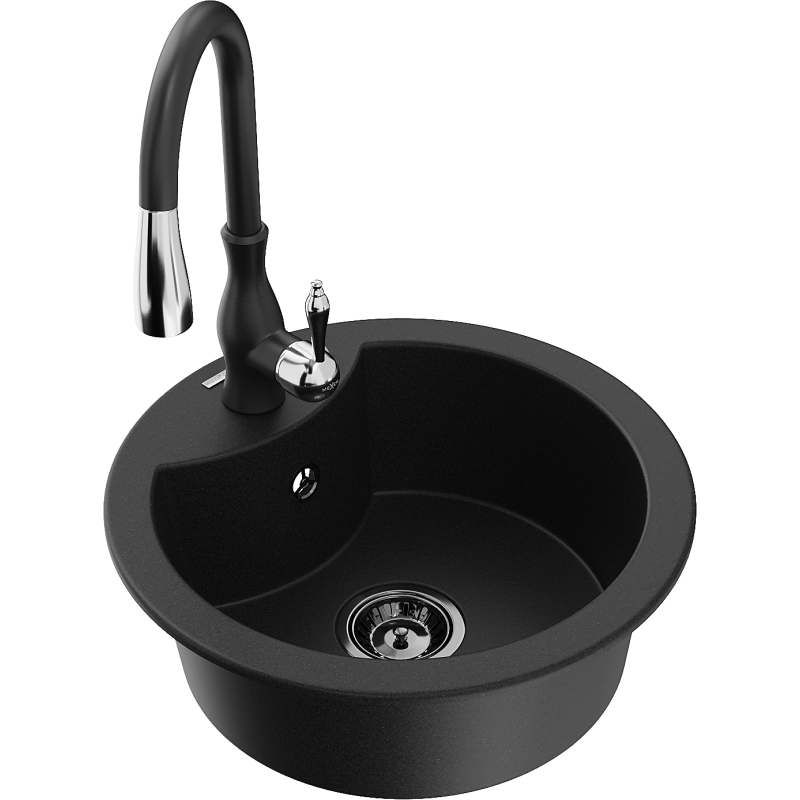 Mexen Diego granite sink single-bowl with Savita kitchen tap, black - 6512-77-672601-70-B