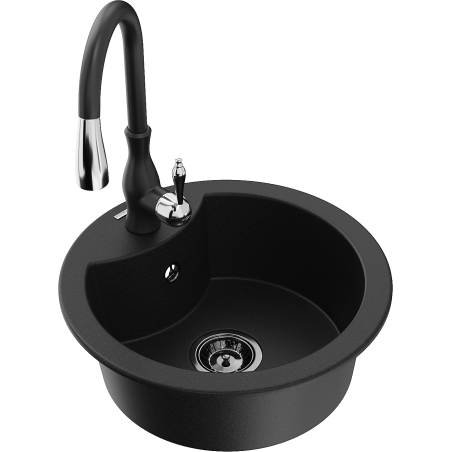 Mexen Diego granite sink single-bowl with Savita kitchen tap, black - 6512-77-672601-70-B