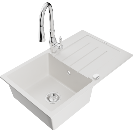 Mexen Bruno granite sink 1-bowl with drainer and Savita kitchen tap, white - 6513-20-672601-00