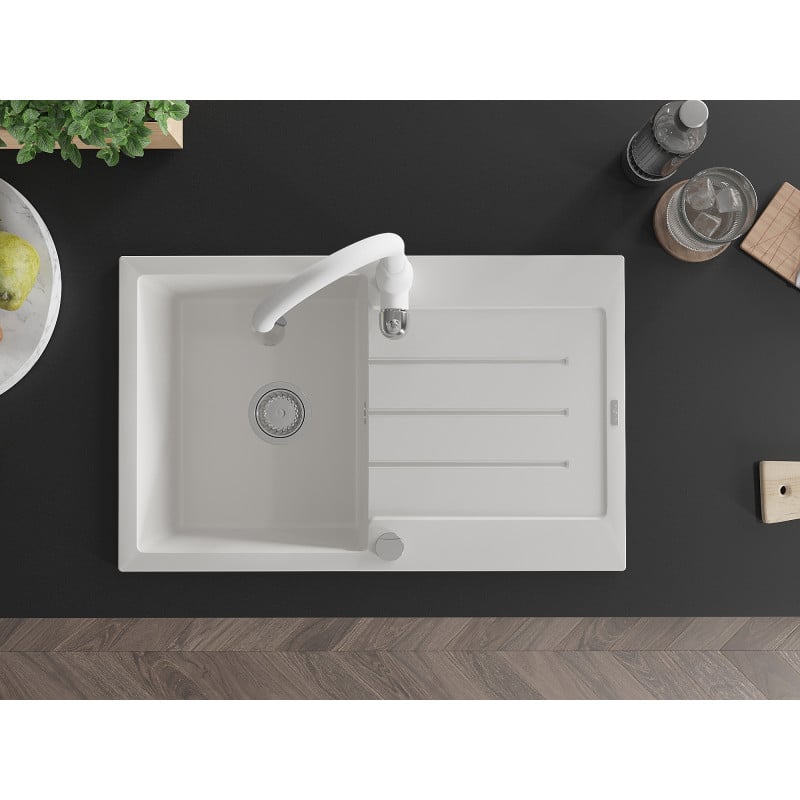 Mexen Bruno fregadero de granito de 1 seno con escurridor y grifo de cocina Savita, blanco - 6513-20-672601-20