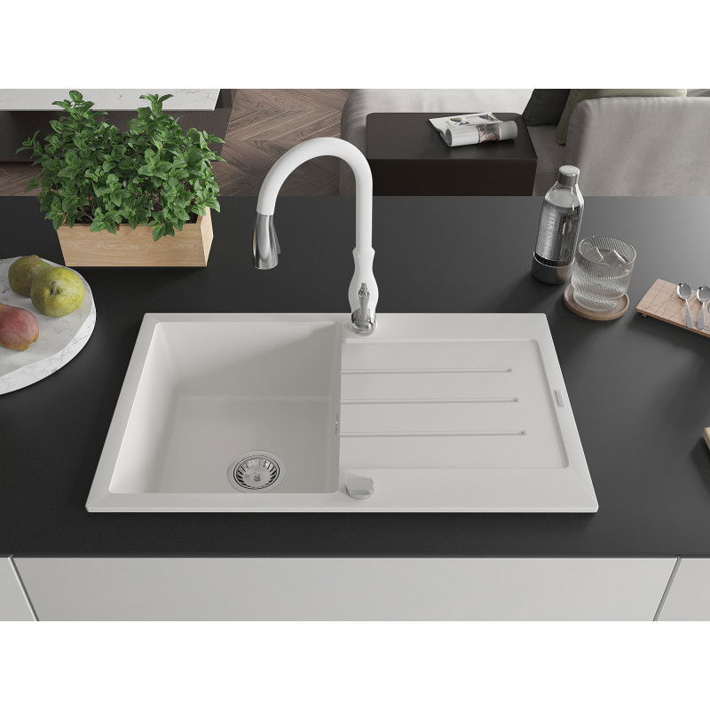 Mexen Bruno 1-bowl granite sink with drainer and Savita kitchen tap, white - 6513-20-672601-20
