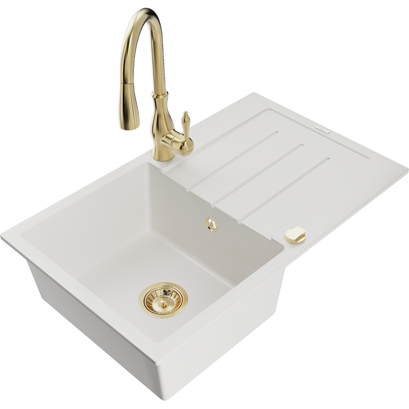 Mexen Bruno fregadero de granito de 1 seno con escurridor y grifo de cocina Savita, blanco - 6513-20-672601-50
