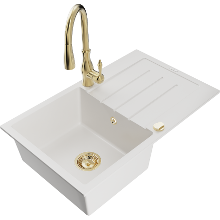 Mexen Bruno fregadero de granito de 1 seno con escurridor y grifo de cocina Savita, blanco - 6513-20-672601-50