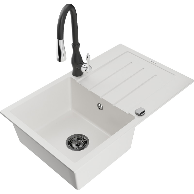 Mexen Bruno fregadero de granito de 1 compartimento con escurridor y grifo de cocina Savita, blanco - 6513-20-672601-70